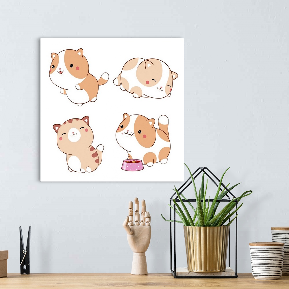 A bohemian room featuring Set of cute fat cats in kawaii style. Collection of lovely little kitty in different poses. Origi...