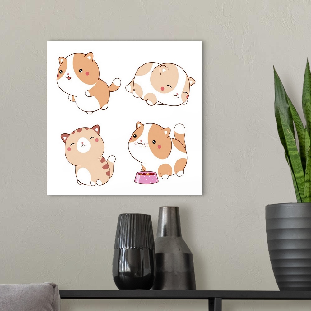 A modern room featuring Set of cute fat cats in kawaii style. Collection of lovely little kitty in different poses. Origi...