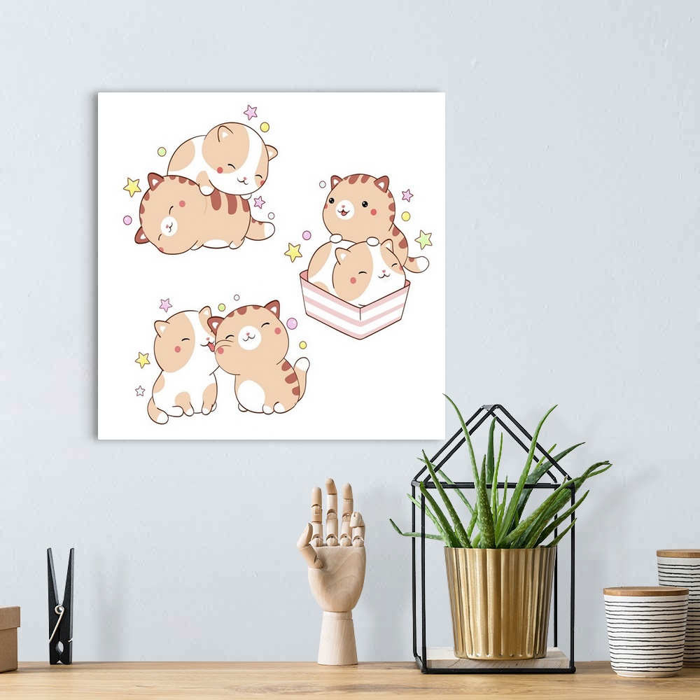A bohemian room featuring Set of cute fat kitty kawaii style. Collection of two lovely little cats. Originally a vector ill...
