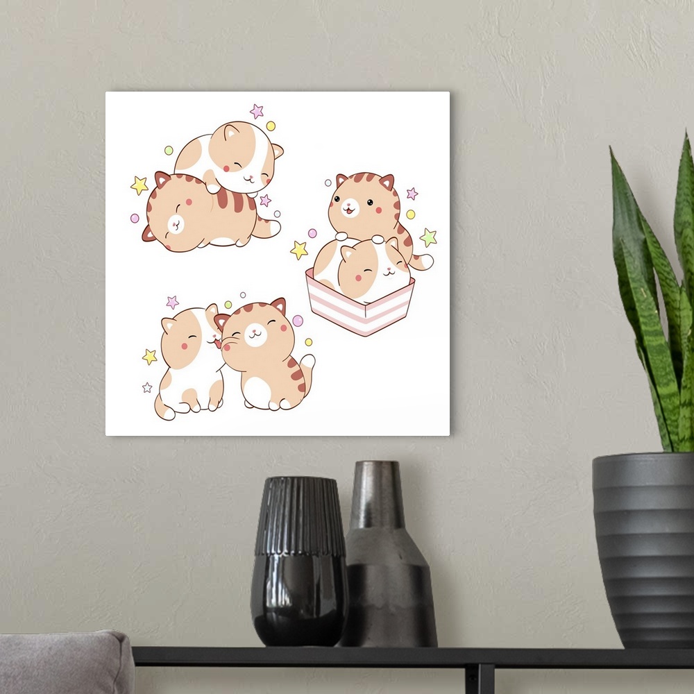 A modern room featuring Set of cute fat kitty kawaii style. Collection of two lovely little cats. Originally a vector ill...