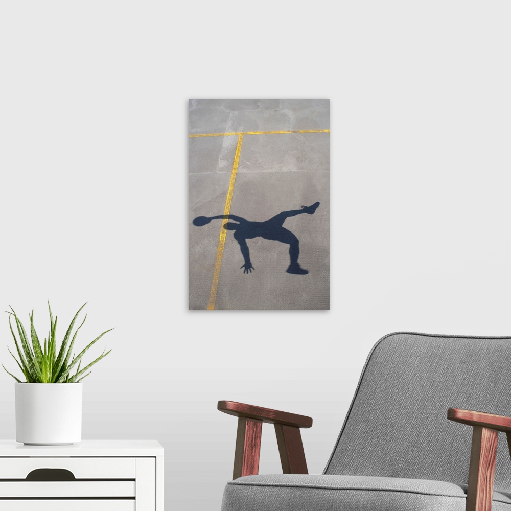 A modern room featuring Shadow of basketball player jumping