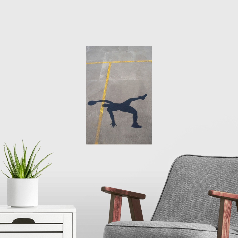 A modern room featuring Shadow of basketball player jumping