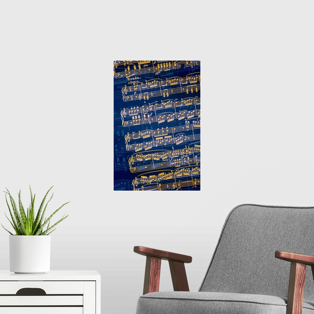 A modern room featuring Vertical, large artwork of a slightly angles sheet of music on a dark background.  There is a sec...