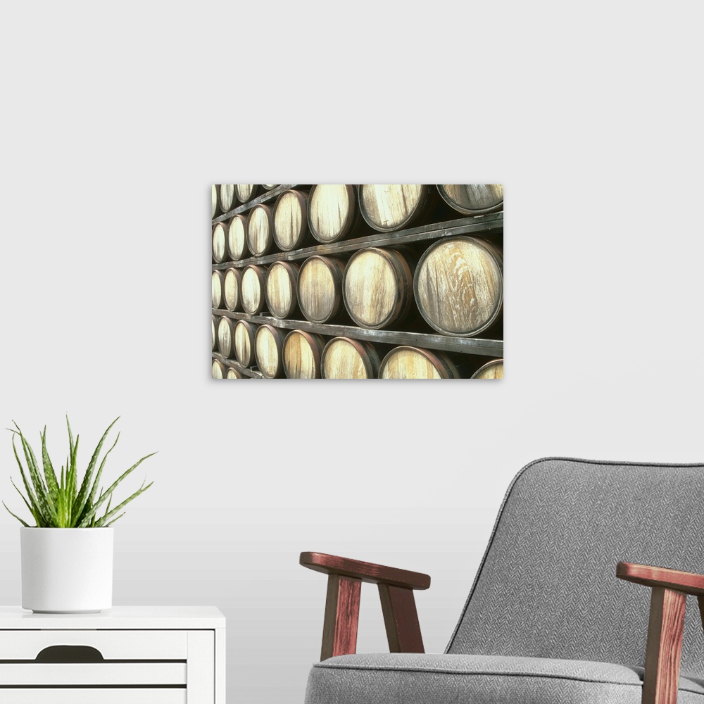 A modern room featuring Shelves of barrels