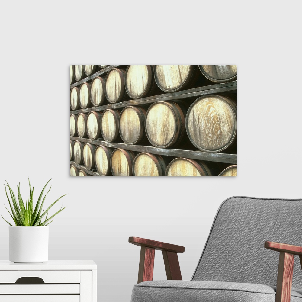 A modern room featuring Shelves of barrels