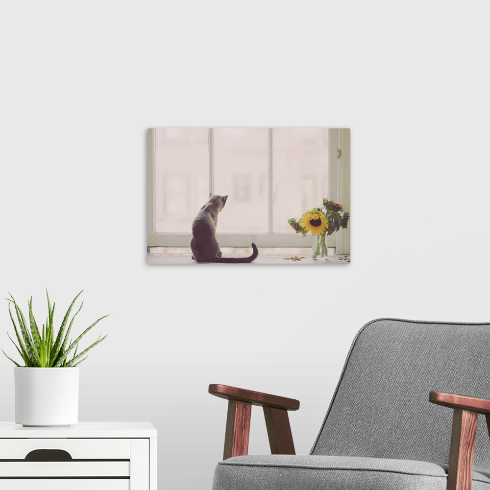 A modern room featuring Siamese cat, with tail turned up, at kitchen window, short vase of sunflowers to her right.