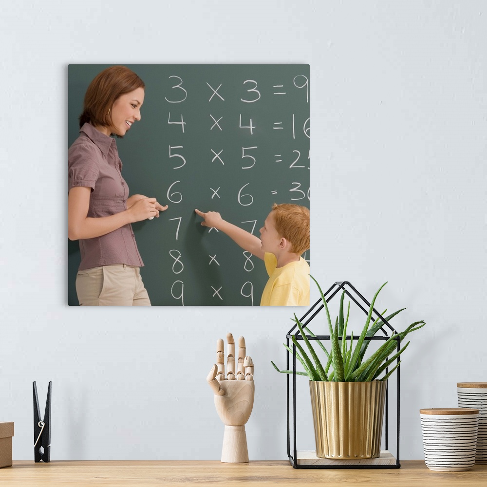 A bohemian room featuring Side profile of a female teacher teaching her student on a blackboard