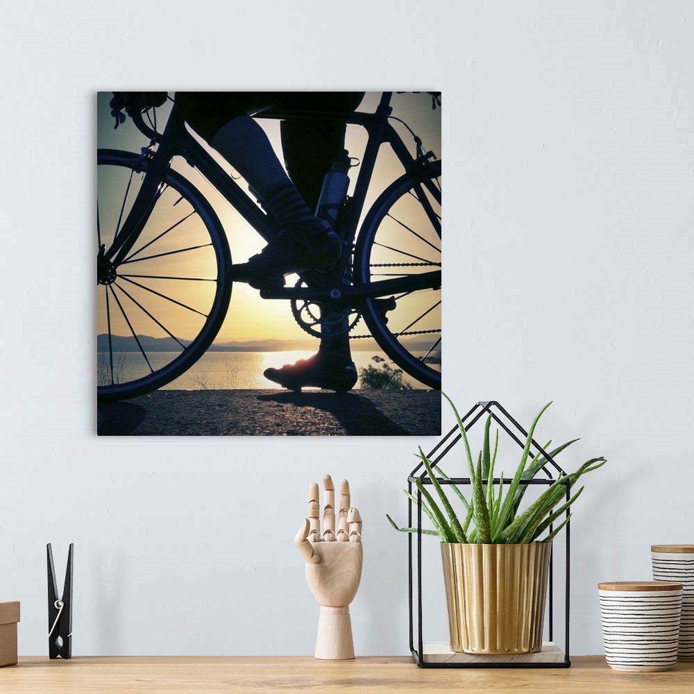 A bohemian room featuring A cyclist pauses with his road bike to watch the sun rise over Folsom Lake, in Folsom, California...