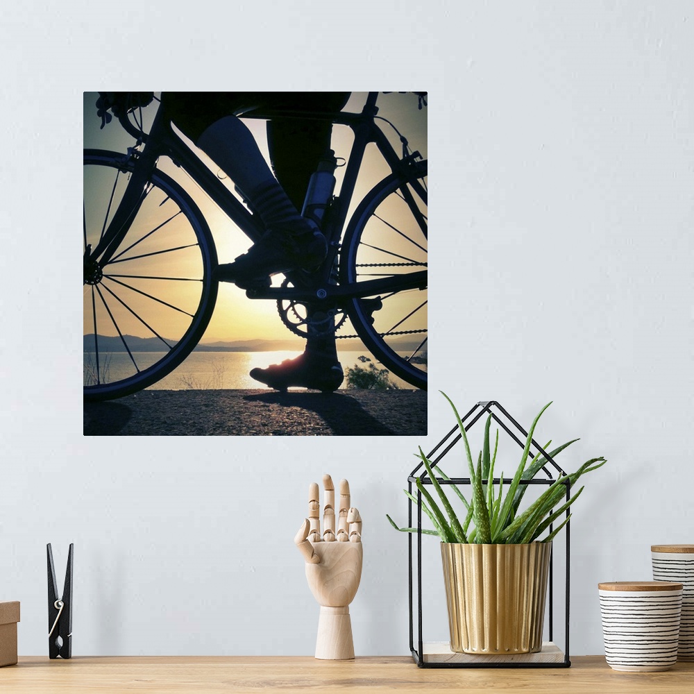 A bohemian room featuring A cyclist pauses with his road bike to watch the sun rise over Folsom Lake, in Folsom, California...