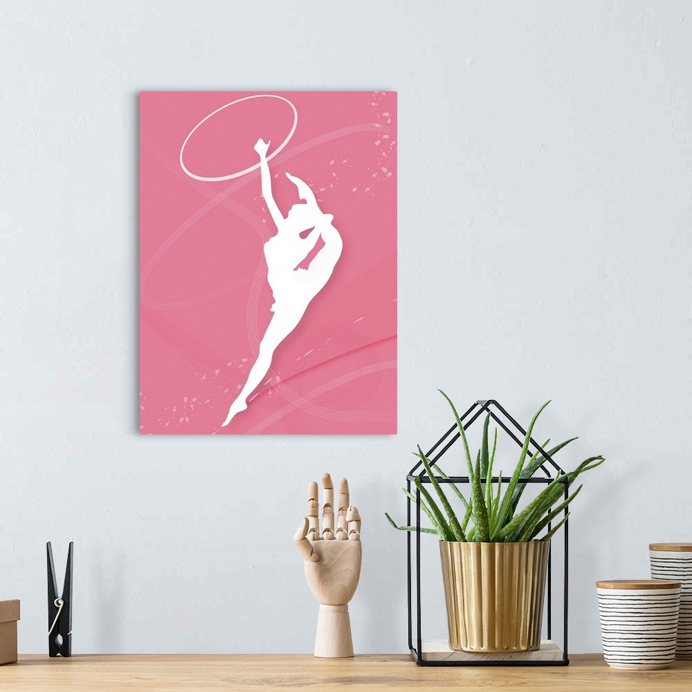 A bohemian room featuring Silhouette of a female gymnast performing with a plastic hoop