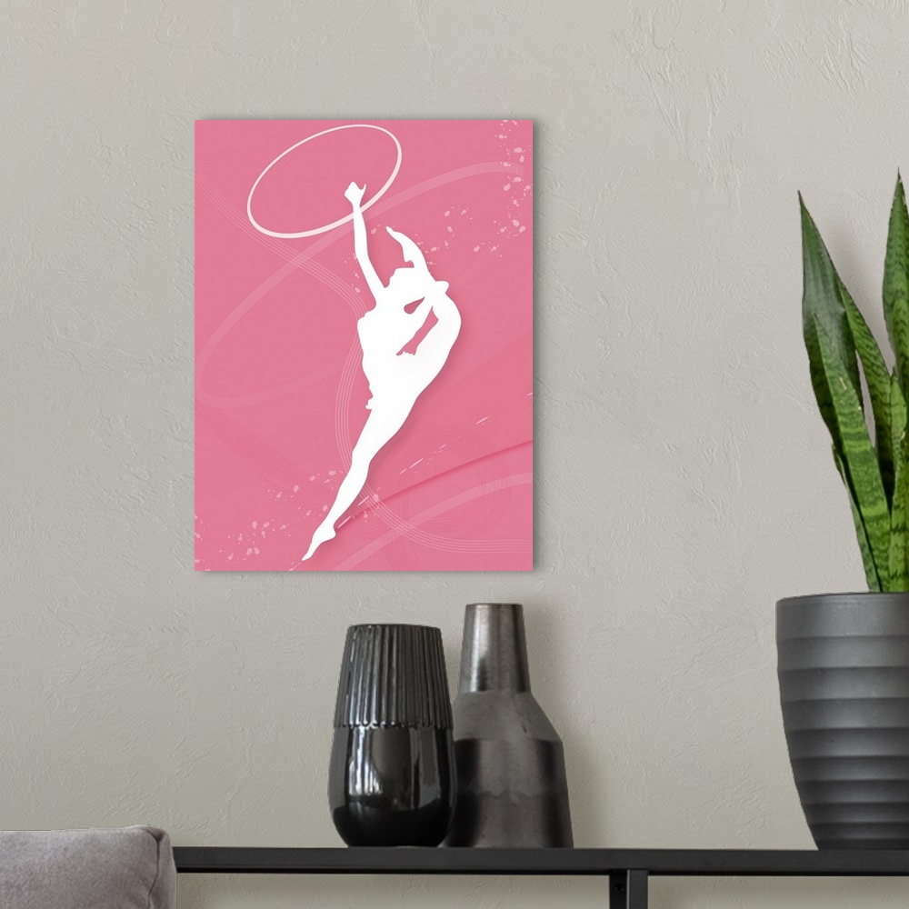 A modern room featuring Silhouette of a female gymnast performing with a plastic hoop