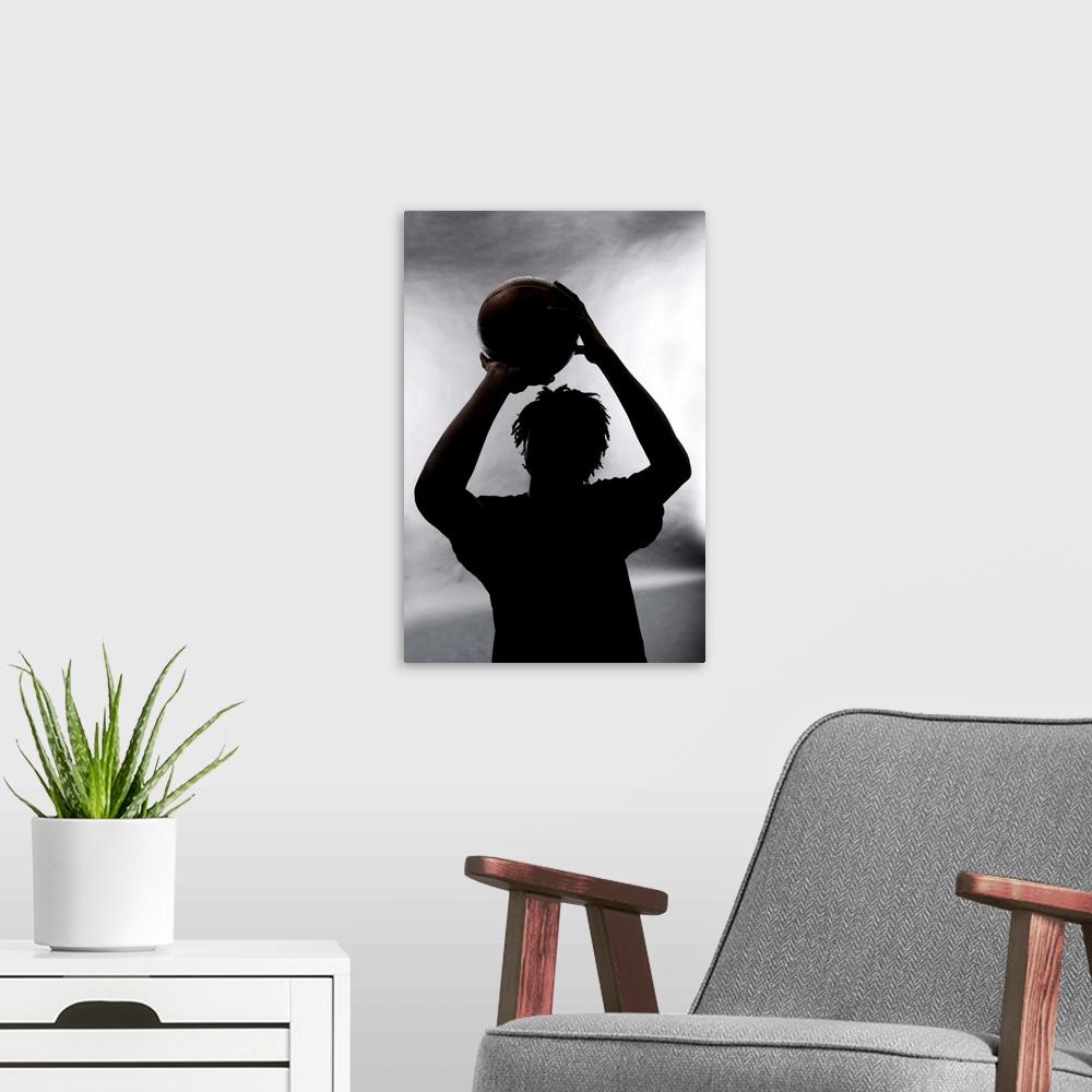 A modern room featuring Silhouette of basketball player