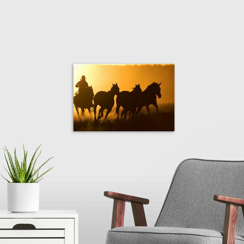A modern room featuring Silhouette Of Cowboy Herding Horses