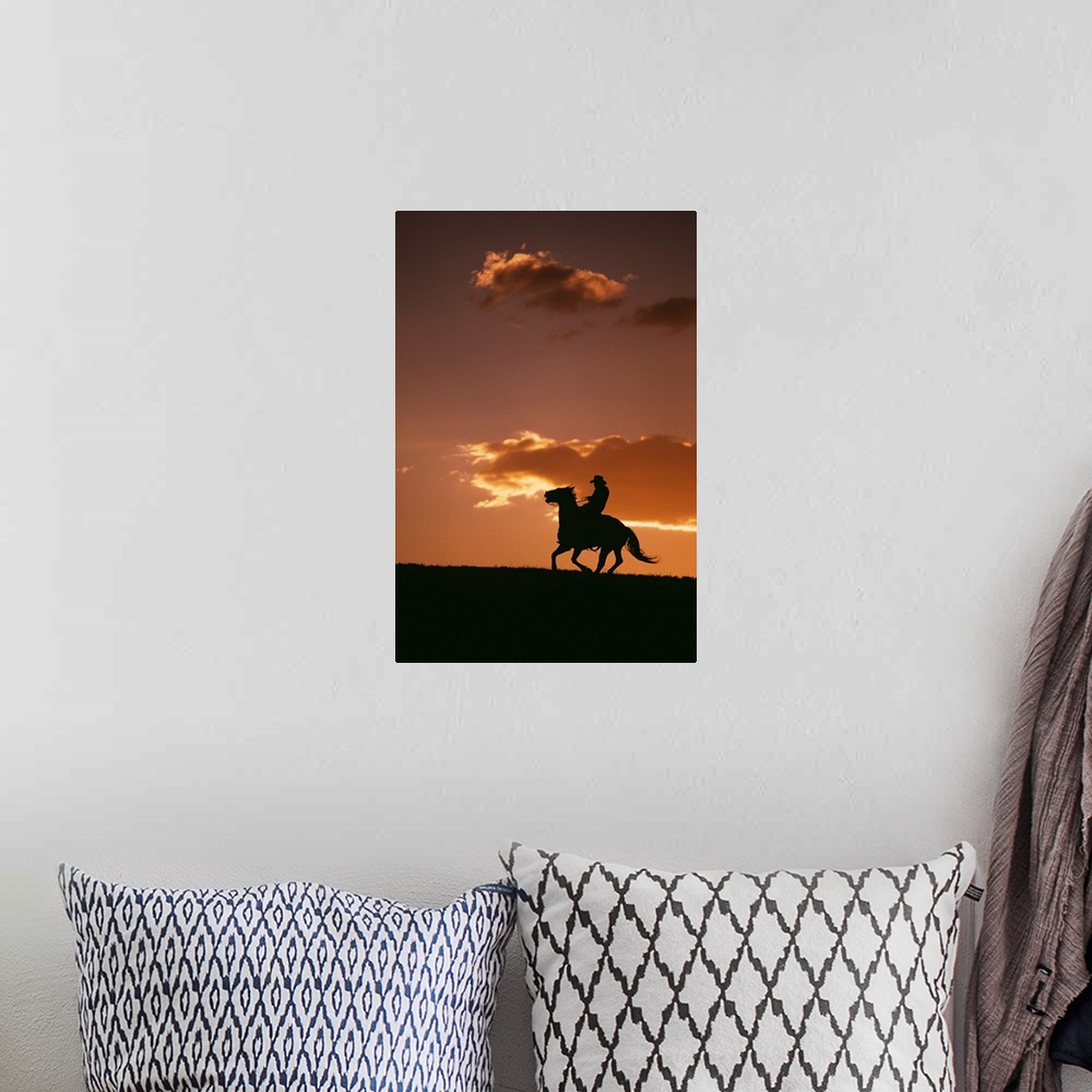 A bohemian room featuring Silhouette of cowboy riding horse at sunset