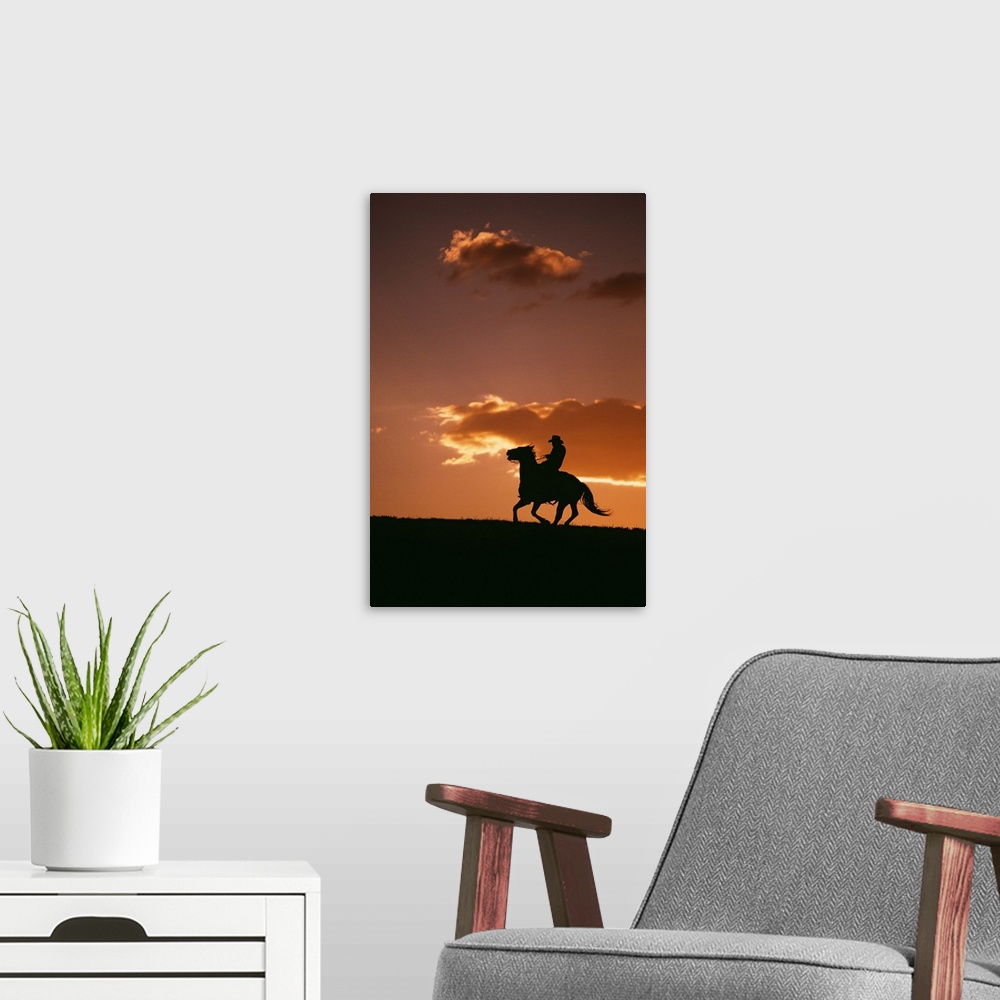 A modern room featuring Silhouette of cowboy riding horse at sunset