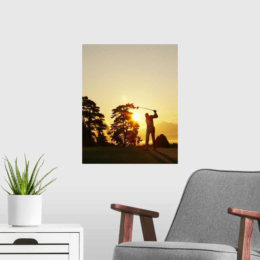 A modern room featuring Big, vertical photograph of the setting sun behind trees on a golf course.  The silhouette of a g...
