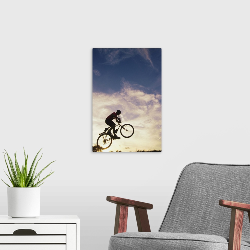 A modern room featuring Silhouette of man in mid-air on mountain bike