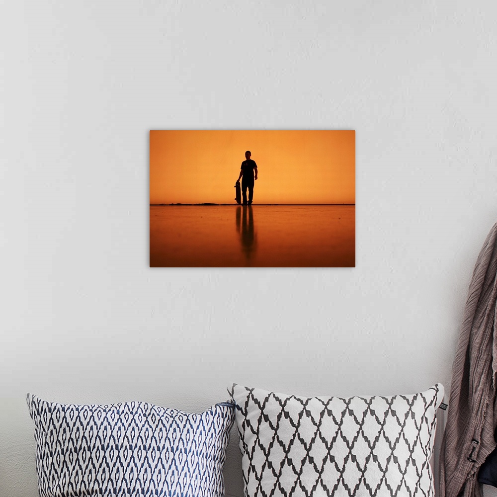 A bohemian room featuring Silhouette of man with skateboard, Berlin.