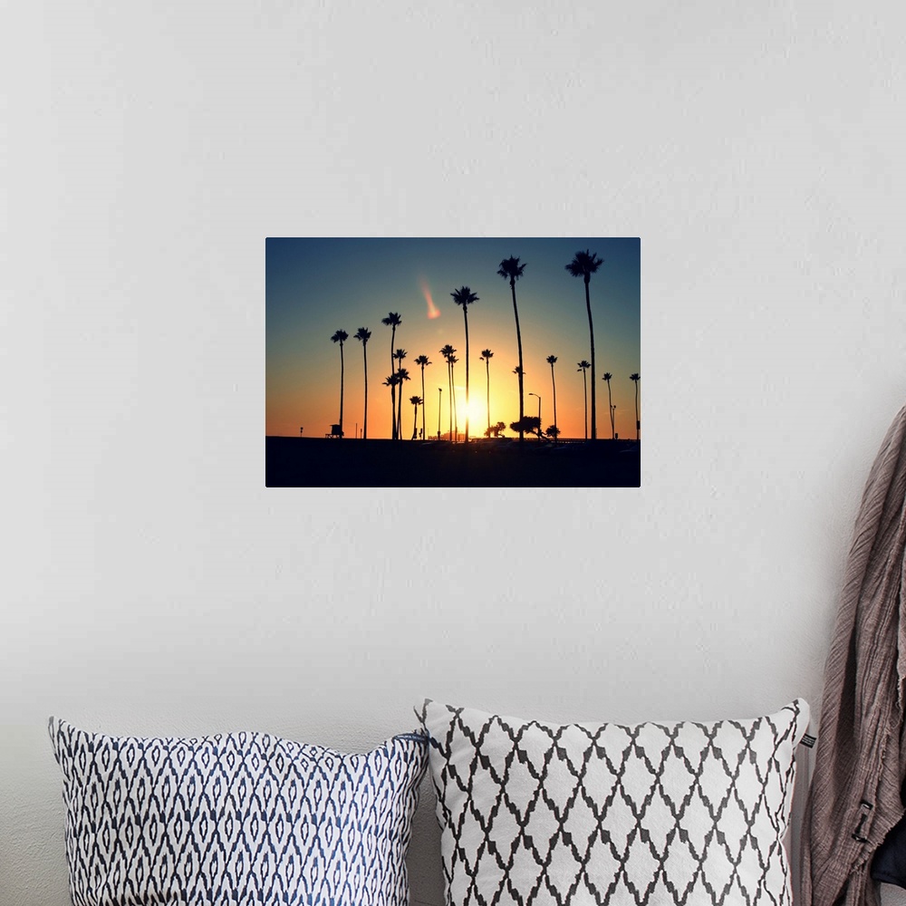 A bohemian room featuring Silhouette of palm trees at sunset.