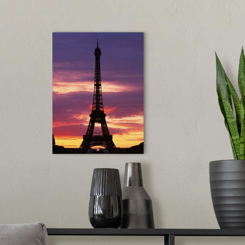 A modern room featuring Silhouette of the Eiffel Tower at sunset, Paris, France