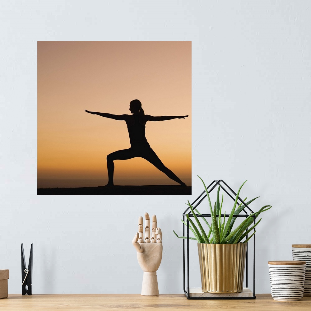 A bohemian room featuring Silhouette of woman doing yoga