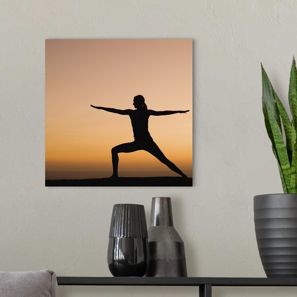 A modern room featuring Silhouette of woman doing yoga