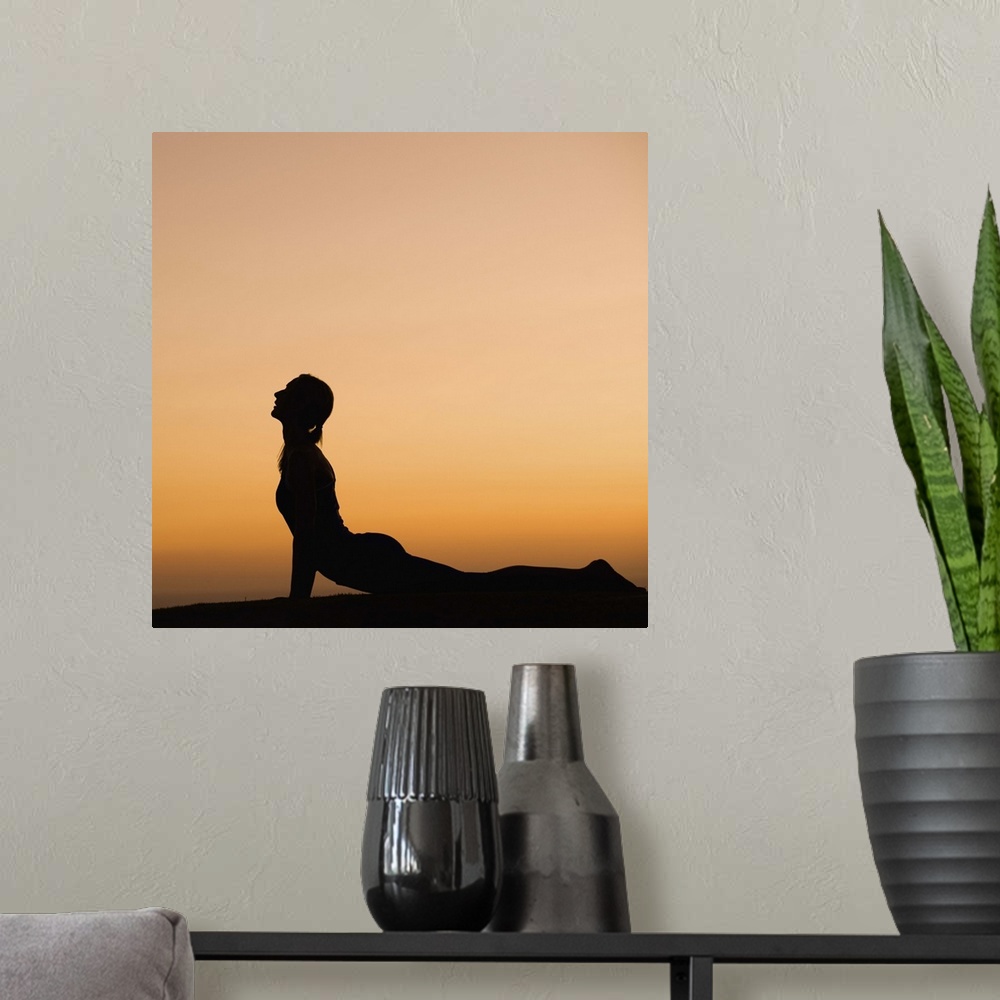 A modern room featuring Silhouette of woman doing yoga