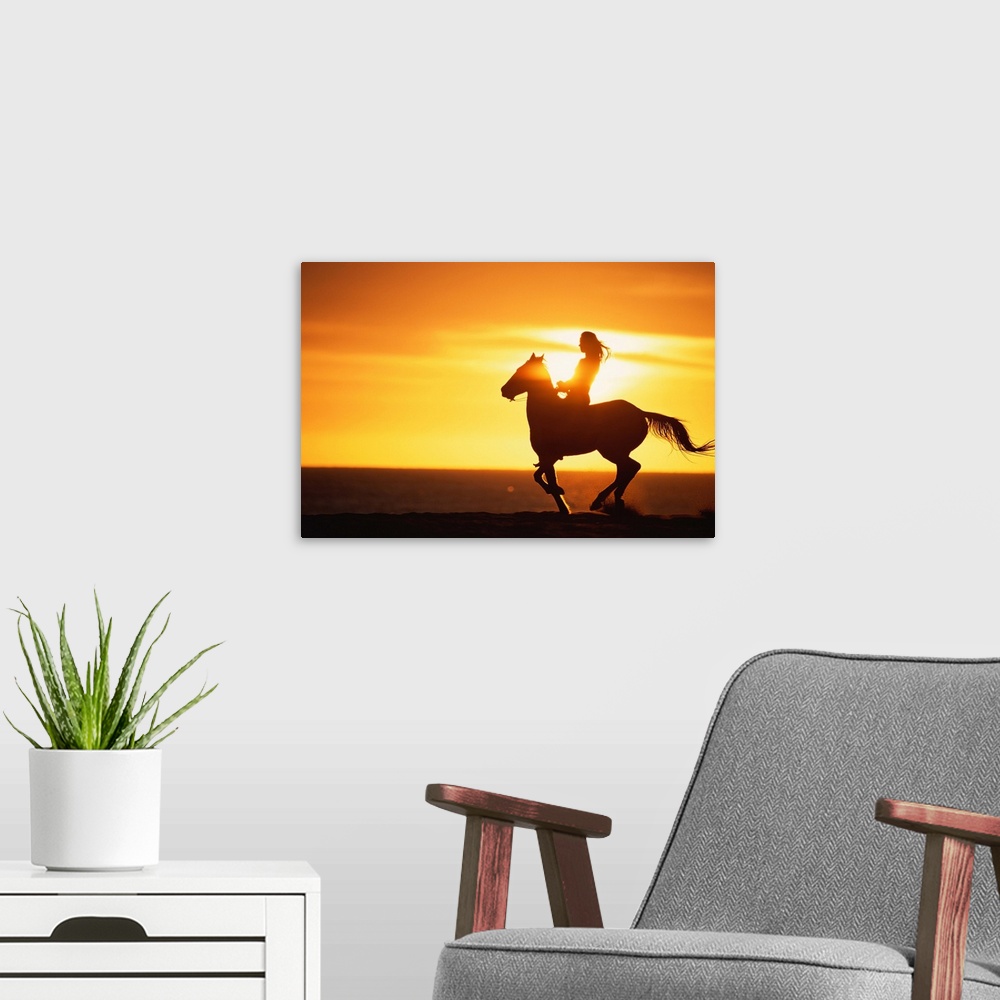 A modern room featuring Big photo on canvas of a woman riding on a horse silhouetted against a bright setting sun.