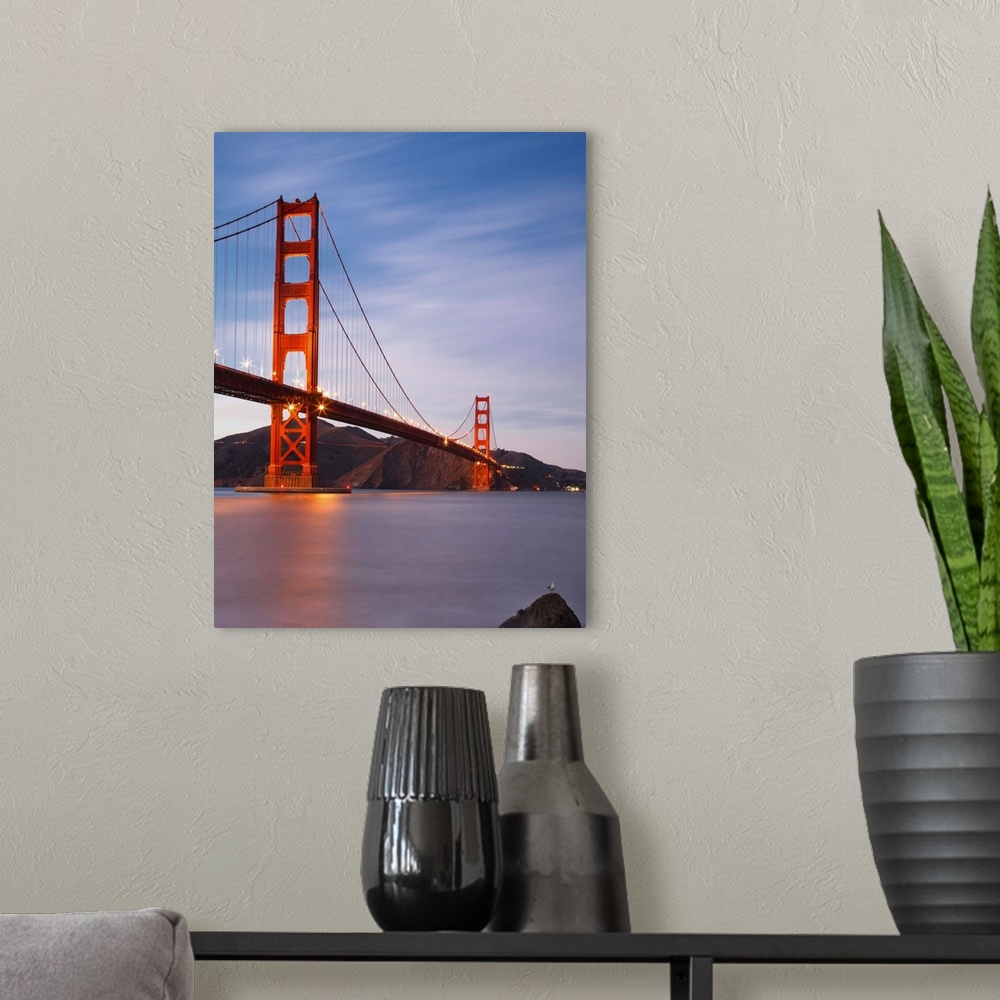A modern room featuring Single seagull standing on rock in front of golden gate bridge at dusk.