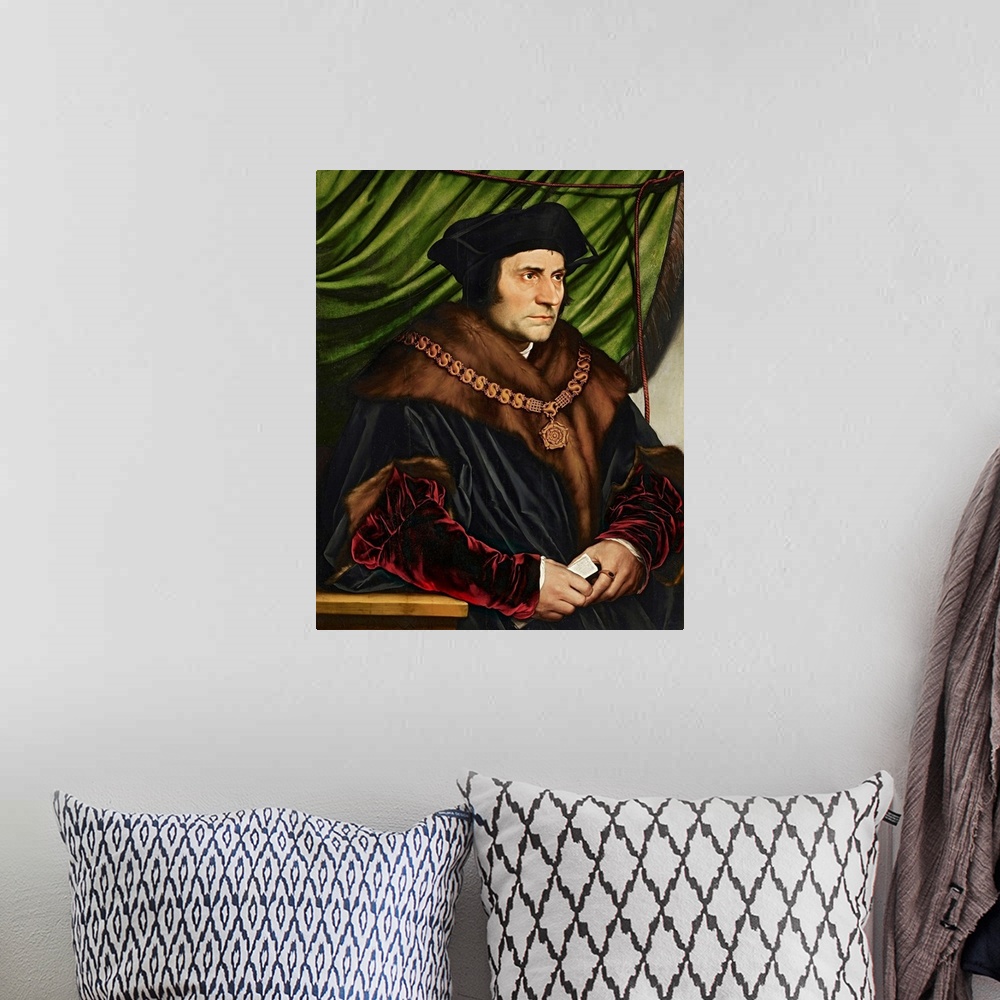 A bohemian room featuring Hans Holbein the Younger, Sir Thomas More, 1527. Oil on oak panel, 29 1/2 in. x 23 3/4 in. (74.93...