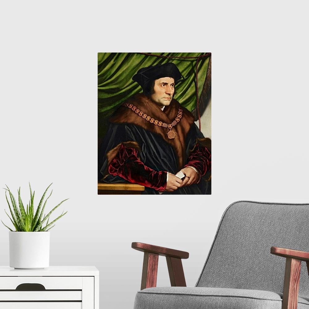 A modern room featuring Hans Holbein the Younger, Sir Thomas More, 1527. Oil on oak panel, 29 1/2 in. x 23 3/4 in. (74.93...