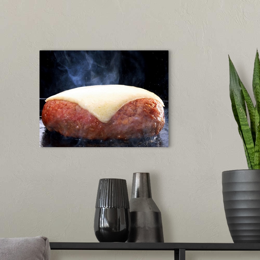 A modern room featuring Sizzling Burger on the Grill with White American Cheese