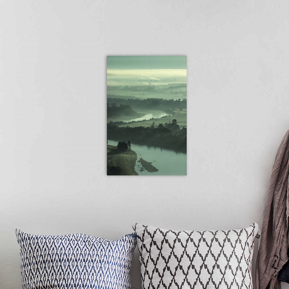 A bohemian room featuring Skagit Valley river with morning mist, aerial view