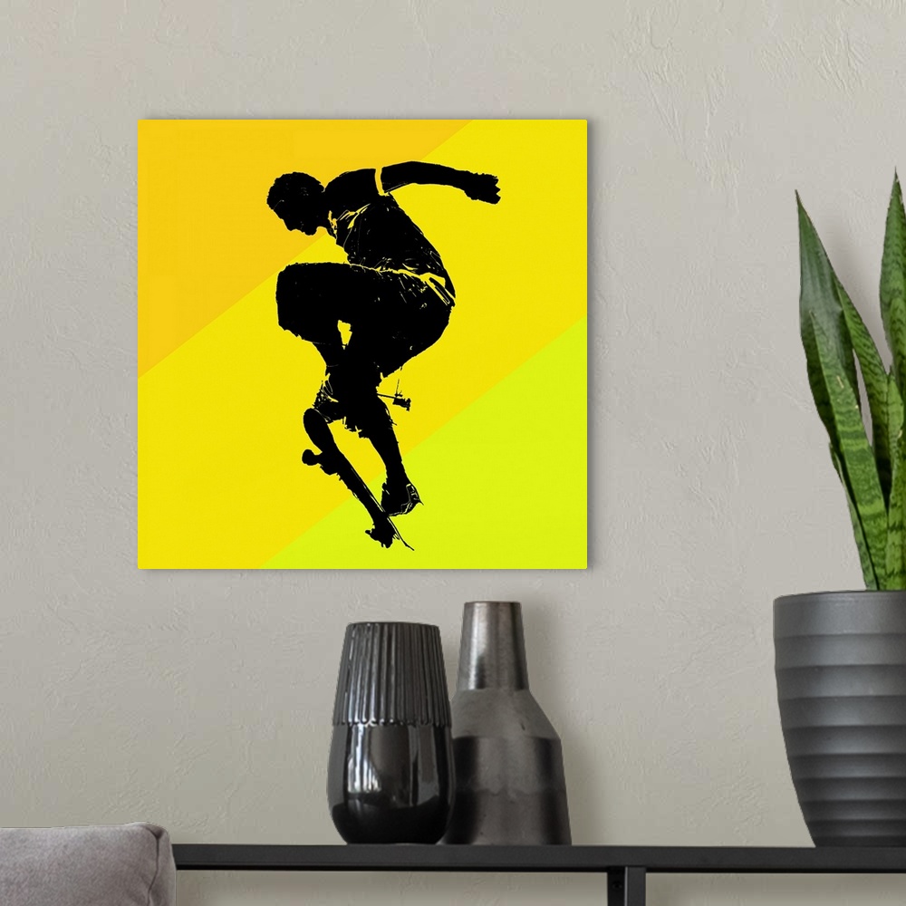 A modern room featuring Skater silhouette on yellow background