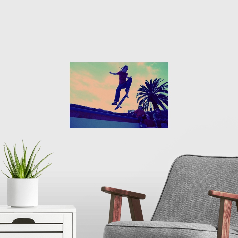 A modern room featuring Skateboarder in mid-air