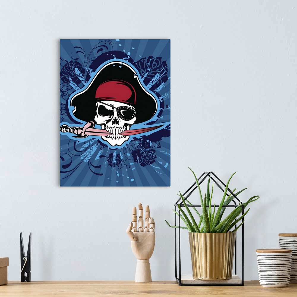 A bohemian room featuring Skull with pirate's hat, eyepatch and sword