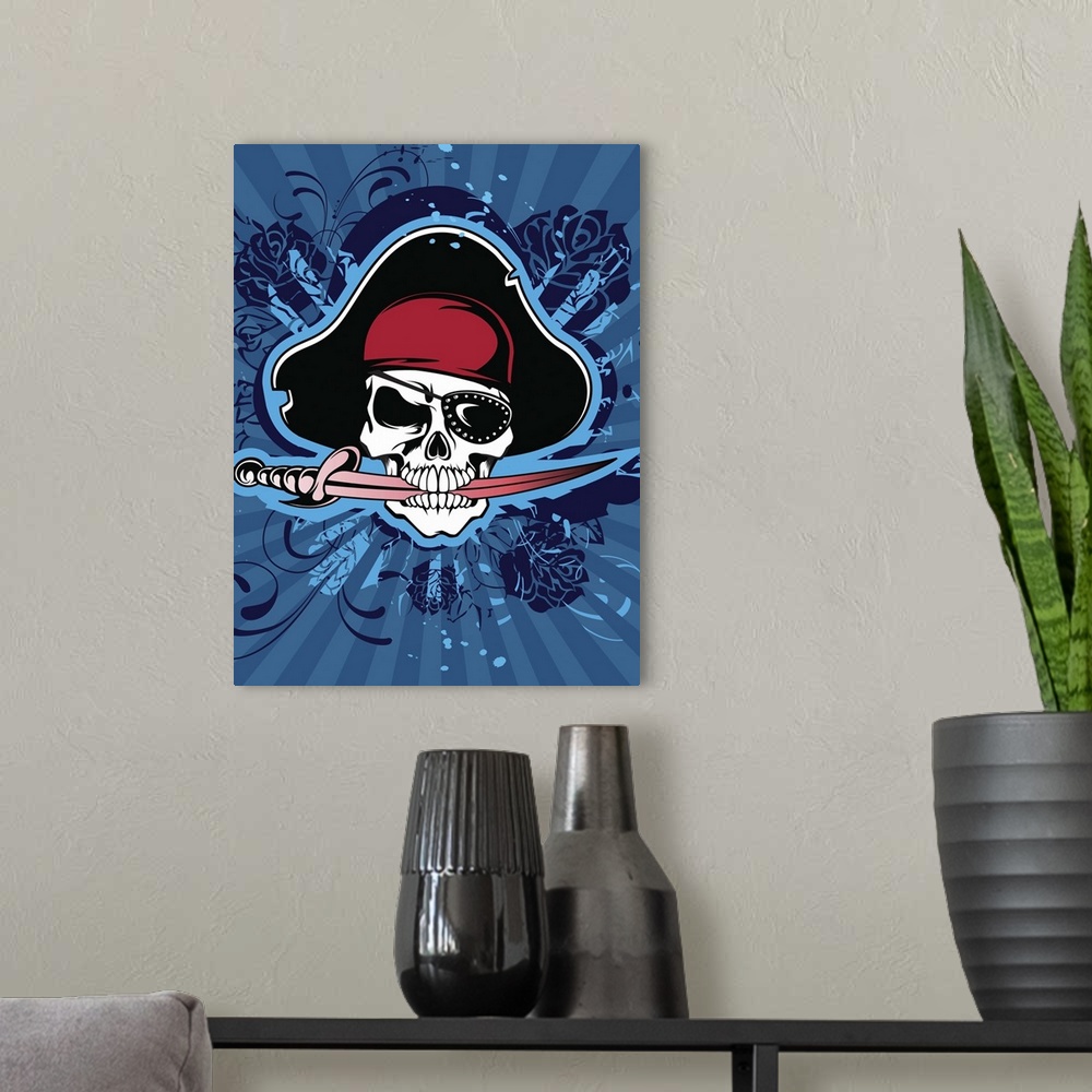 A modern room featuring Skull with pirate's hat, eyepatch and sword