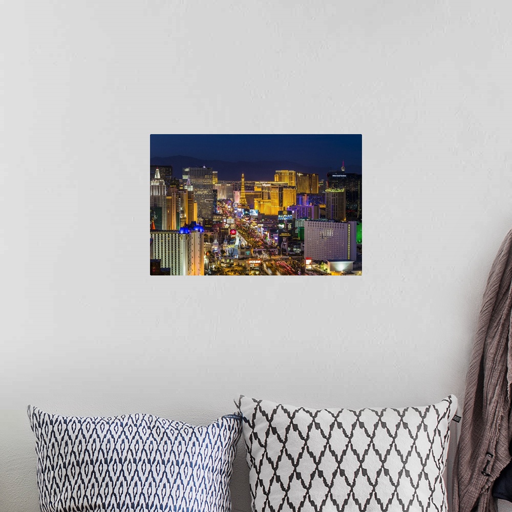A bohemian room featuring Las Vegas skyline, showing Las Vegas Strip at twilight, Las Vegas, Nevada, USA. Most of the large...