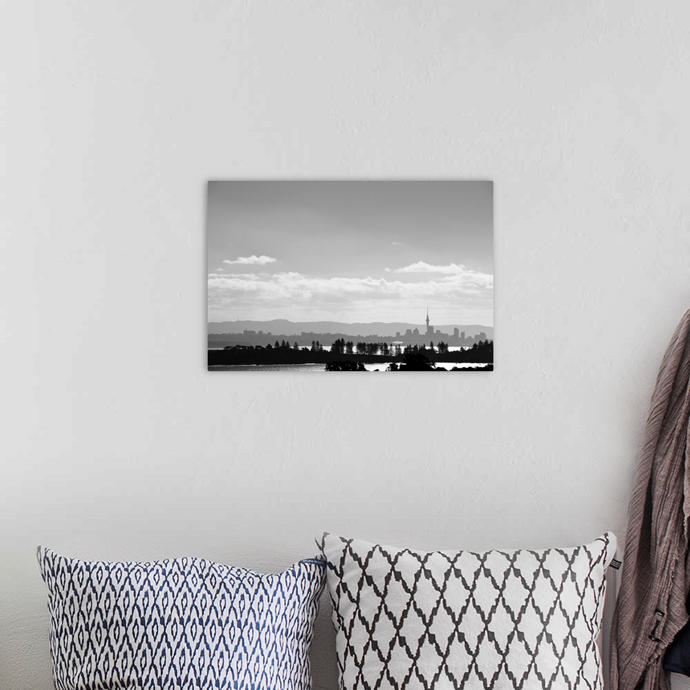 A bohemian room featuring Black and white skyline of Auckland, New Zealand as seen from Waiheke Island, New Zealand.