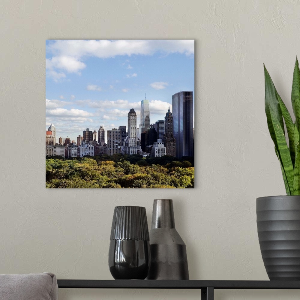 A modern room featuring Skyline Of New York City