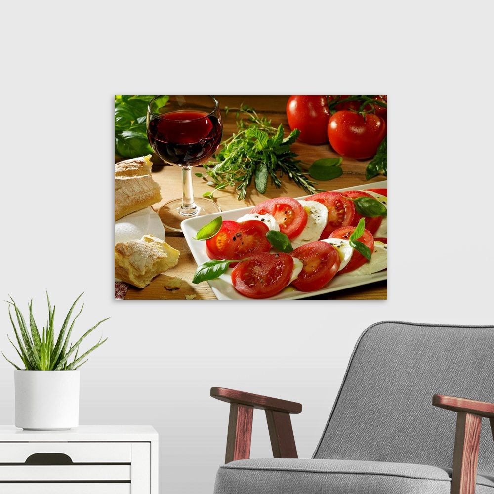 A modern room featuring This photograph is a still life of traditional Italian food. A wood table is covered with crusty ...