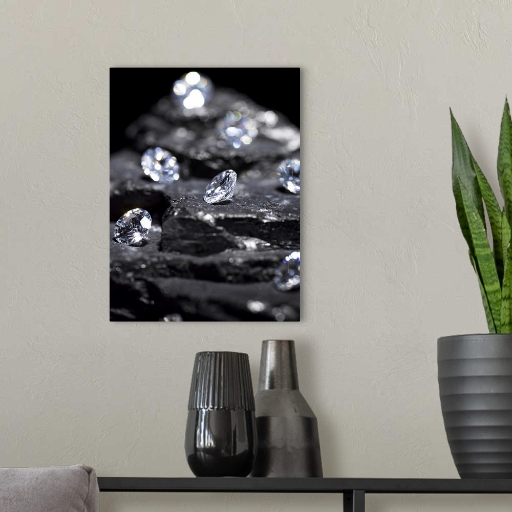 A modern room featuring Small diamonds on layered coal (differential focus)