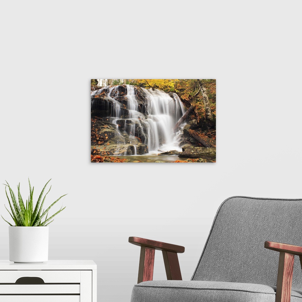 A modern room featuring One of the many waterfalls in Smugglers' Notch that flow only after heavy rain or snowmelt.