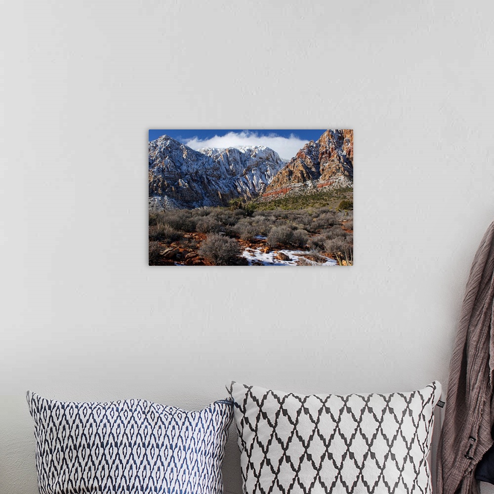 A bohemian room featuring Snow-capped mountains at Red Rock canyon near Las Vegas, NV.