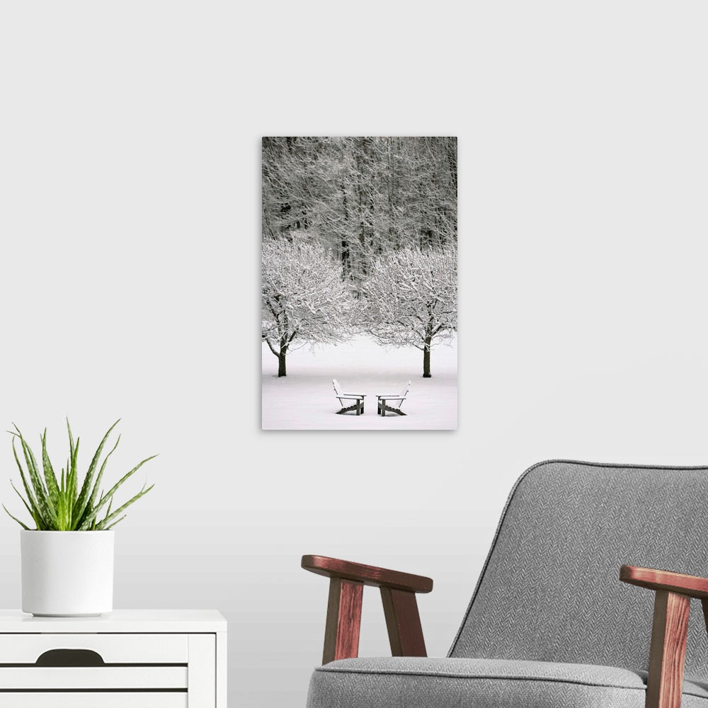A modern room featuring Snow Covered Landscape