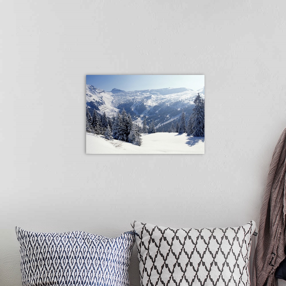 A bohemian room featuring Snow-covered trees and mountains, winter