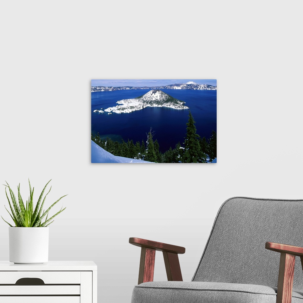 A modern room featuring Snow Covered Wizard Island On Crater Lake