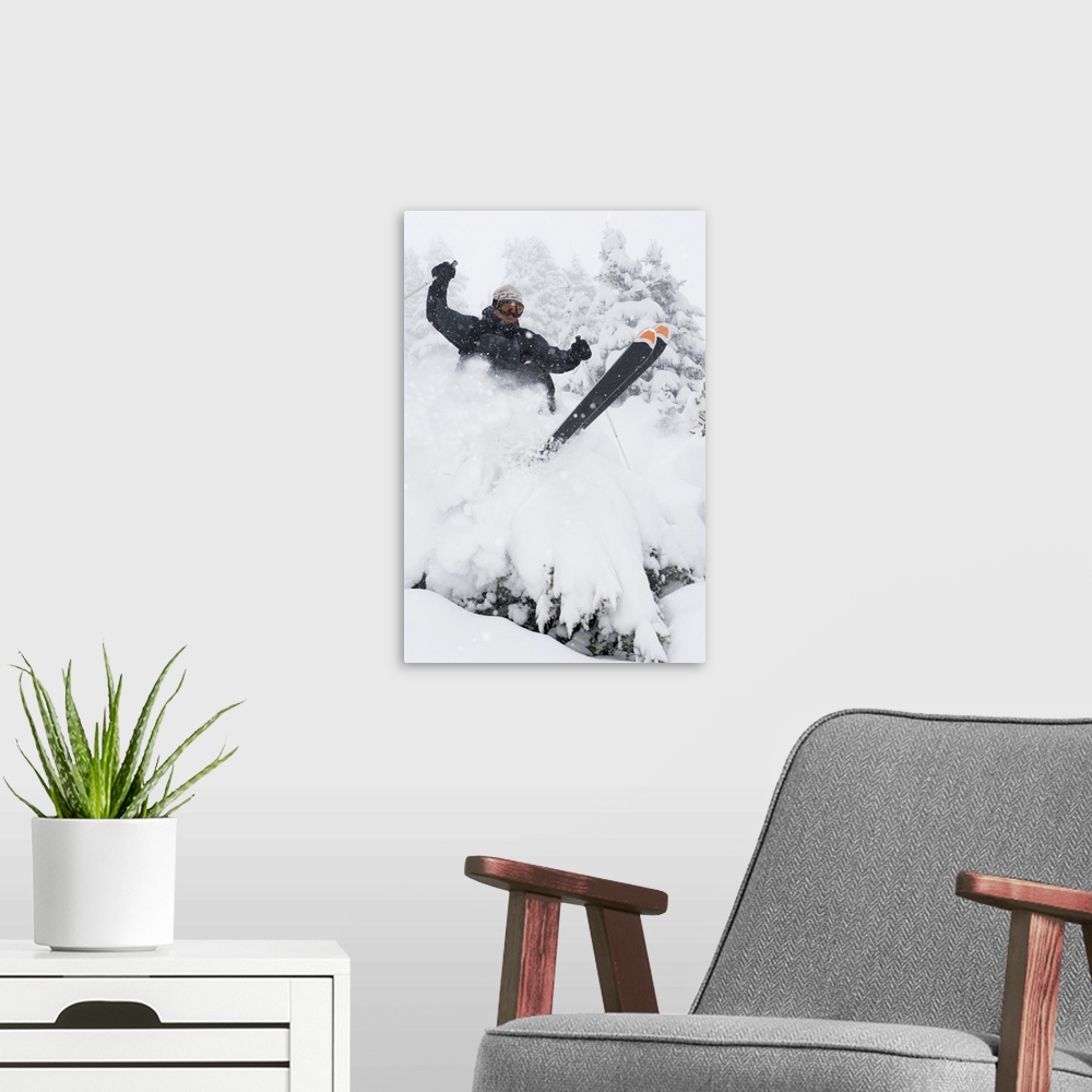 A modern room featuring Snow skier jumping