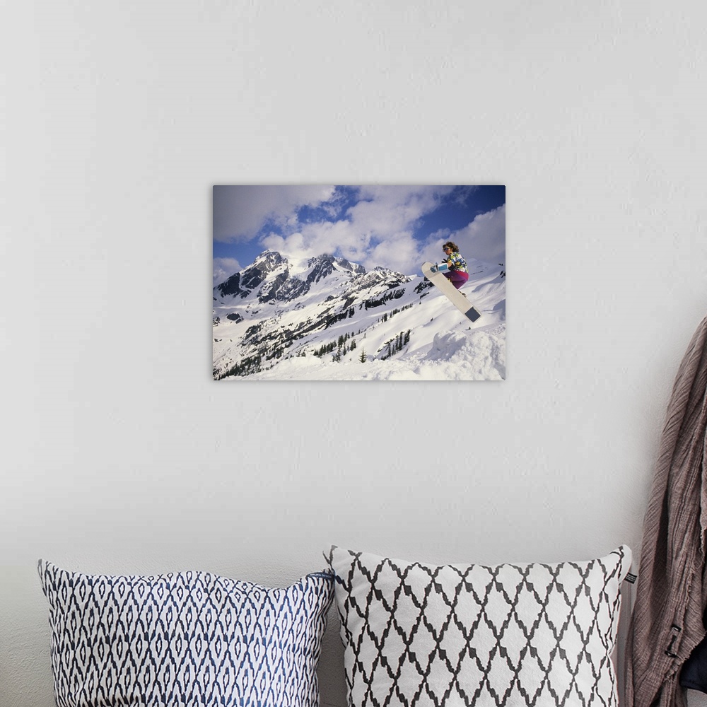 A bohemian room featuring Snowboarder in air, Mount Baker, Washington, USA