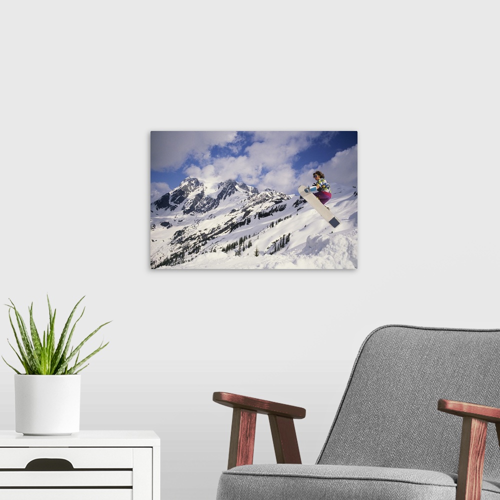 A modern room featuring Snowboarder in air, Mount Baker, Washington, USA